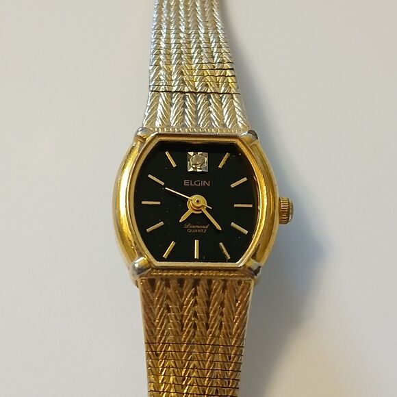 Vtg Elgin Women's Gold Dress Watch Quartz Diamond Black Dial EK230-007 READ - Picture 2 of 15